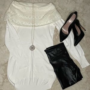 Cowl-neck Tunic Sweater with Crocheted Cowl